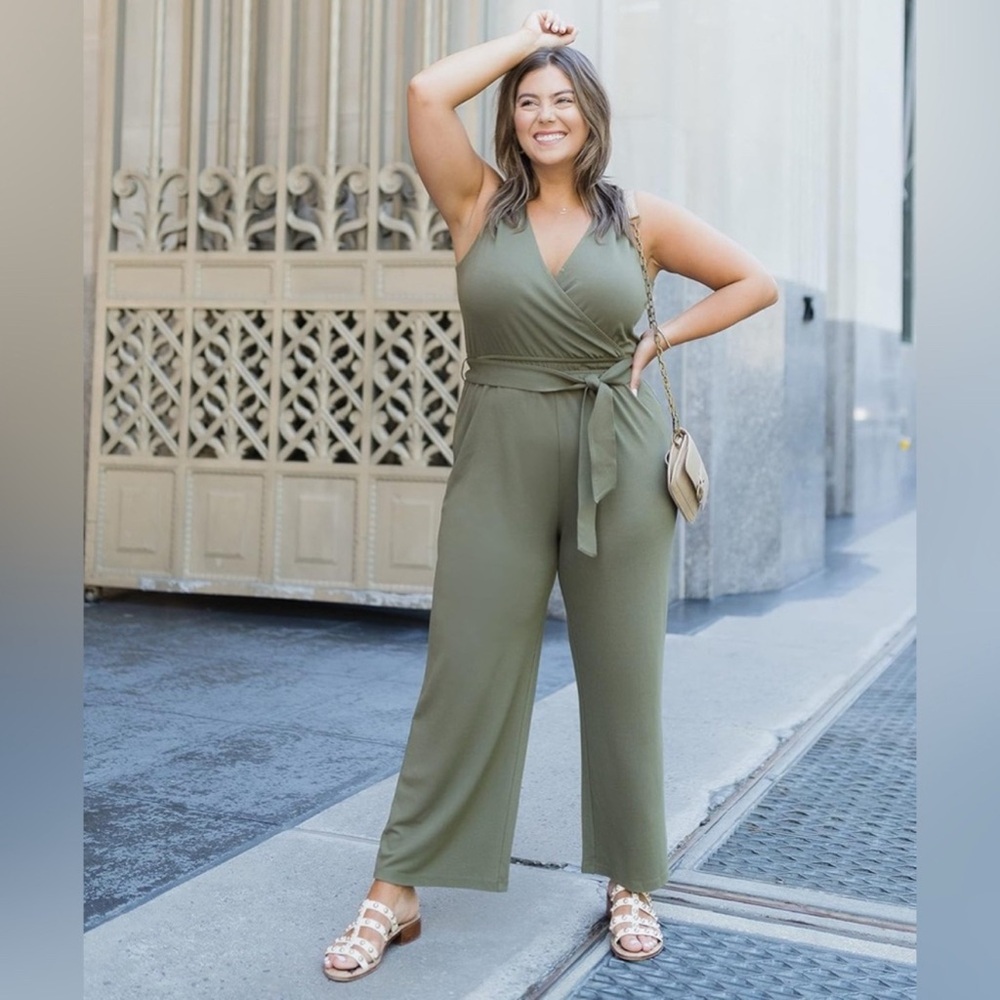 The Drop Women's @caralynmirand Sleeveless Wrap Jumpsuit Army Green - Picture 3 of 5